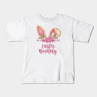 Easter Bunny Pink - Bunny Brown Ears with Pink Flowers Kids T-Shirt